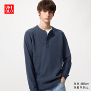 優(yōu)衣庫男裝女裝情侶華夫格亨利領(lǐng)套頭衫長(cháng)袖T恤479784 482766 482766/65寶藍色 XS