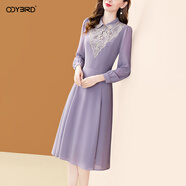 歐迪鳥(niǎo)（ODYBIRD）紫色繡花雪紡連衣裙女秋季2025新款氣質(zhì)優(yōu)雅翻領(lǐng)減齡顯瘦裙子 紫色 M