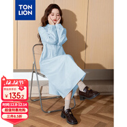 唐獅（TonLion）2025女翻領(lǐng)長(cháng)袖襯衫連衣裙百搭韓版減齡高級感時(shí)髦潮 天藍 L