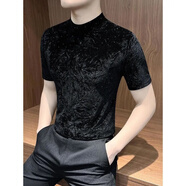 以純新款金絲絨銀粉短袖T恤男士2025新款春夏季潮牌男裝內搭半高領(lǐng)打底衫 黑色 S 80-90斤