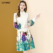 歐迪鳥(niǎo)（ODYBIRD）名媛氣質(zhì)印花連衣裙女2025秋季新款設計感翻領(lǐng)寬松顯瘦A字裙 米色 S