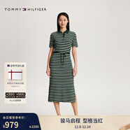 Tommy Hilfiger【側邊開(kāi)叉】春夏女裝氣質(zhì)休閑通勤系帶收腰顯瘦POLO連衣裙 綠白條紋0CG M