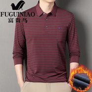 富貴鳥(niǎo)（FUGUINIAO）條紋翻領(lǐng)長(cháng)袖t恤男秋冬新款上衣中老年爸爸加絨加厚polo衫 酒紅色 L