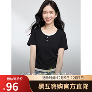 熙世界（sllsky）假兩件圓領(lǐng)短袖T恤2025秋裝新款女裝設計感顯瘦棉質(zhì)正肩上衣t恤 曜石黑 L