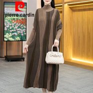 皮爾卡丹（pierre cardin）加肥加大碼針織條紋連衣裙2023秋冬新款女寬松遮肉高領(lǐng)蝙蝠袖長(cháng)裙 咖色 L