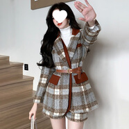 秋冬季氣質(zhì)高級感小西裝收腰長(cháng)袖外套女新款法式設計感短褲兩件套 外套+短褲【送腰帶】?jì)杉?S