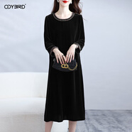 歐迪鳥(niǎo)（ODYBIRD）婚宴禮服真絲絲絨連衣裙女喜婆婆桑蠶絲裙子休閑刺繡媽媽純色秋冬 黑色 2XL 建議145斤以?xún)?
                                         title=