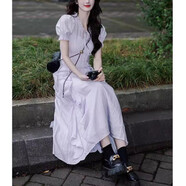 茶歇法式千金風(fēng)紫色連衣裙子夏裝女2024新款古著(zhù)公主裙森系仙女裙 紫色連衣裙 S