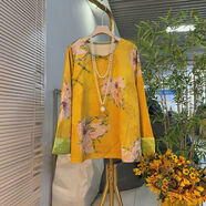 胖MM拼色挽袖盤(pán)扣花朵新中式小衫加肥大碼女裝韓版設計感百搭上衣 黃色 3XL 3XL建議120-150斤