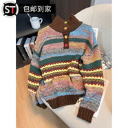 語(yǔ)森憶橙廬女裝彩色復古條紋翻領(lǐng)秋冬毛衣開(kāi)衫寬松慵懶針織衫針織外套上 彩虹條紋 S  建議70-95斤