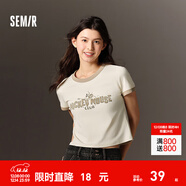 森馬（Semir）迪士尼IP|短袖t恤女短款修身米奇印花2025夏裝新款撞色圓領(lǐng)套頭衫 咖色調00355 M