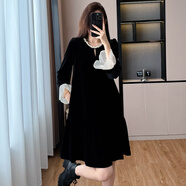 輕奢法式絲絨拼接荷葉邊裙2026秋冬優(yōu)雅大方感大碼顯瘦連衣裙 黑色 S