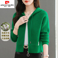 皮爾卡丹羊毛衫小個(gè)子短款針織開(kāi)衫女帶帽拉鏈秋冬加厚毛衣外套寬松慵懶風(fēng) 綠色 M 95-108斤