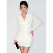 NEVAHU修身褶皺包裙V領(lǐng)性感垂折領(lǐng)長(cháng)袖洋裝女2025氣質(zhì)短裙子 米白現貨 S S