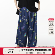 幻走（MOVEUP）2025夏季新款.FUN系列松緊腰印花豎向壓褶休閑直筒褲女 深寶藍 M