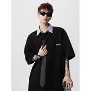 QGF假兩件polo短袖t恤男士夏季潮流半袖感寬松休閑翻領(lǐng)上衣體恤 黑色 M [建議90-100斤]