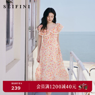 詩(shī)凡黎（'SEIFINI）【灼灼桃花】詩(shī)凡黎粉色碎花軟感荷葉邊吊帶裙娃娃領(lǐng)海邊度假裙女 粉色荷葉領(lǐng) S 155/80A