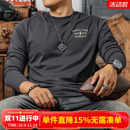 季言 高奢t恤純棉長(zhǎng)袖圓領(lǐng)印花 美式復(fù)古重磅上衣秋季打底衫男體恤 灰藍(lán)色 L