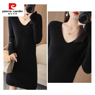 皮爾卡丹（pierre cardin）潮流百搭包臀裙中長(cháng)款女士連衣裙寬松加厚毛衣女秋冬新款針織裙女 V領(lǐng)款  黑色 M