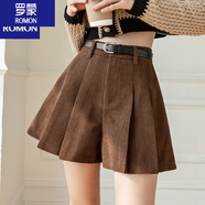 羅蒙（ROMON）燈芯絨褲裙女秋冬新款高腰小個(gè)子休閑百搭卡其色a字百褶短褲短裙 咖色無(wú)腰帶 M 建議92-105斤