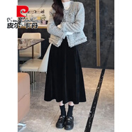 皮爾卡丹（pierre cardin）黑色絲絨半身裙春季高腰開叉小眾復(fù)古顯瘦a字裙大碼中長(zhǎng)款魚尾裙 黑色(傘裙款) S