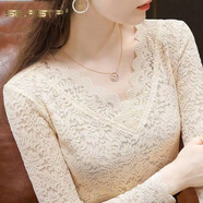 夏典素訂女王（SE.PSTP）2025歐美蕾絲打底衫秋冬加絨加厚女裝長(cháng)袖t恤保暖修身上衣蕾絲衫 杏色薄款 2XL 120-130