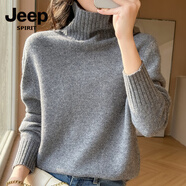 JEEP SPIRIT美麗諾高領(lǐng)純色羊毛衫女短款寬松加厚堆堆領(lǐng)毛衣針織羊.絨打底衫 灰 M