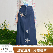 兩三事星河宇宙 2025春季新款復古格子星星貼布繡牛仔半身裙長(cháng)裙 藍色 M