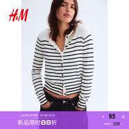 H&M【徐若晗同款】女裝毛針織衫秋慵懶短款打底衫miu系薄開(kāi)衫0579541 白色/條紋 M 165/96