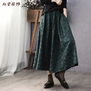 美安嘉復古文藝年秋冬長(cháng)裙棉麻半身裙女提花中長(cháng)款高腰a字裙 綠色 均碼 (95-150斤)
