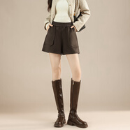 TERRE BLEUE高腰毛呢短褲復古版型2025秋冬季新款女松緊腰西裝短褲 咖色 M