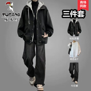 啄木鳥(niǎo)（TUCANO）假兩件連帽外套男士套裝秋冬季韓版寬松毛呢大衣男裝高級感穿搭潮 【三件】系繩連帽外套黑+長(cháng)白T+牛仔褲黑 XL  建議120-140斤