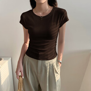 白色圓領(lǐng)短款短袖t恤女夏季 2025新款設(shè)計(jì)感小眾正肩高腰收腰上衣 咖啡色_【腰部褶皺款】 S _【85斤以下】