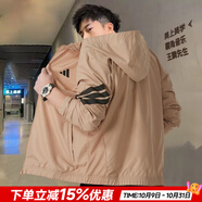 阿迪達(dá)斯（adidas）男裝夾克 2025秋季新款運(yùn)動(dòng)服時(shí)尚風(fēng)衣快干透氣休閑梭織連帽外套 卡其棕/輕薄單層/時(shí)尚三條紋 M 【170-175cm/130-140斤】