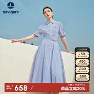 Navigare意大利小帆船女X版短袖連衣裙通勤條紋襯衫裙2322875515 藍 S 