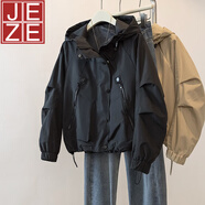JEZE短款外套韓版時尚秋季新款寬松百搭休閑防水連帽夾克上衣女 黑色【z】 L 建議100-118斤