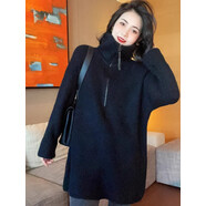 大碼女裝胖mm秋冬慵懶風(fēng)顯瘦高領(lǐng)半拉鏈中長(cháng)款針織衫遮肉毛衣上衣 黑色 M建議85-100斤 均碼