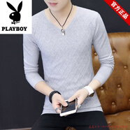 花花公子休閑長(cháng)袖t恤男秋冬V領(lǐng)薄款針織衫修身潮流內搭衣服純色毛衣打底衫 934淺灰色 2XL