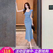 歐貝汐2025夏季新款方領(lǐng)荷葉邊百褶長(cháng)裙包臀連衣裙 藍色 L