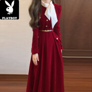 花花公子（PLAYBOY）小香風(fēng)絲絨紅色長(zhǎng)袖連衣裙女秋冬富家千金感超好看法式長(zhǎng)裙子 紅色裙+絲巾【含腰帶】 L 105-115斤內(nèi)建議