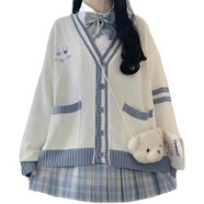 杰婭芙（JIEYAFU）甜美套裝2024年新款秋冬襯衫開(kāi)衫毛衣女軟妹日系學(xué)院風(fēng)學(xué)生校服 (四件套)毛衣開(kāi)衫+白襯衫+領(lǐng)結+格裙 均碼 S