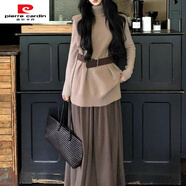 皮爾卡丹（pierre cardin）慵懶風(fēng)秋冬季2025新款套裝女不規則高領(lǐng)毛衣時(shí)腰百褶裙兩件套純色 卡其打底衫+馬甲+腰帶 M