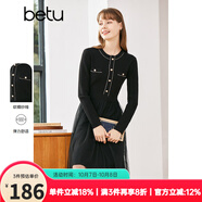 betu百圖女裝秋冬連衣裙小香風(fēng)拼接網(wǎng)紗針織連衣裙收腰修身顯瘦連 黑色 S