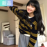 斐特瑪韓國2025秋新款長(cháng)袖寬松毛衣女polo領(lǐng)休閑撞色條紋打底針織衫上衣 黃色 S  80-100斤