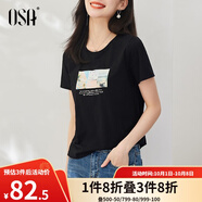 歐莎（OSA）白色短款T恤女士夏季新款衣服短袖印花顯瘦正肩上衣體恤修身 黑色 2XL