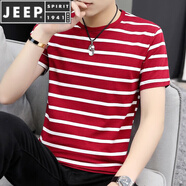 JEEP SPIRIT23夏新款絲光棉短袖T恤男夏季黑白條紋半袖?；晟辣z上衣潮 295紅色 L (適合110-130斤)