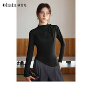 Olrain歐芮兒氣質(zhì)半高領(lǐng)綁帶設計感打底衫女裝冬季不規則下擺長(cháng)袖T恤 灰色 XL