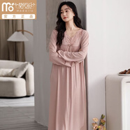 莫代爾長(cháng)袖睡裙女春秋季蕾絲V領(lǐng)長(cháng)款過(guò)膝女士連衣裙中年媽媽寬松居家裙 1845女士 M （80-100斤）