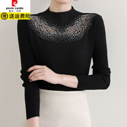 皮爾卡丹秋冬韓版性感鏤空鑲鉆針織衫女套頭毛衣彈力網(wǎng)紗繡花蕾絲打底衫女 黑色 M