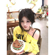 大碼胖mm美式復古斜肩長(cháng)袖衛衣女秋冬寬松慵懶oversize設計感上衣 黃色版 M M